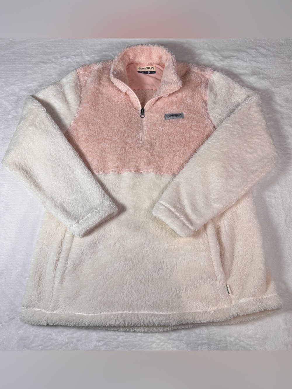 Magellan Outdoors Women’s Large Sherpa Fleece 1/4 Zip Pullover Pink Cream NWT